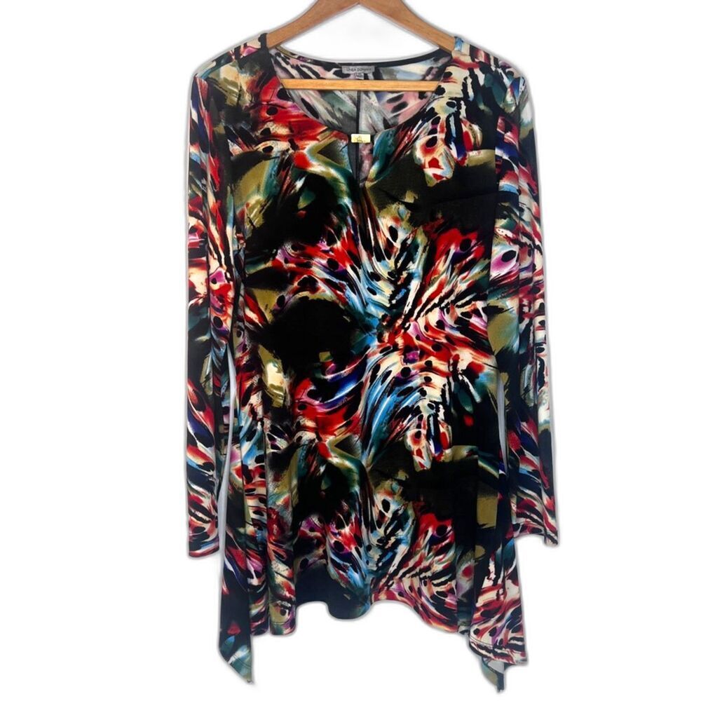 Linea Domani‎ Bold Maximalist Shark Bite Top Stretchy Tunic Abstract Bright LG